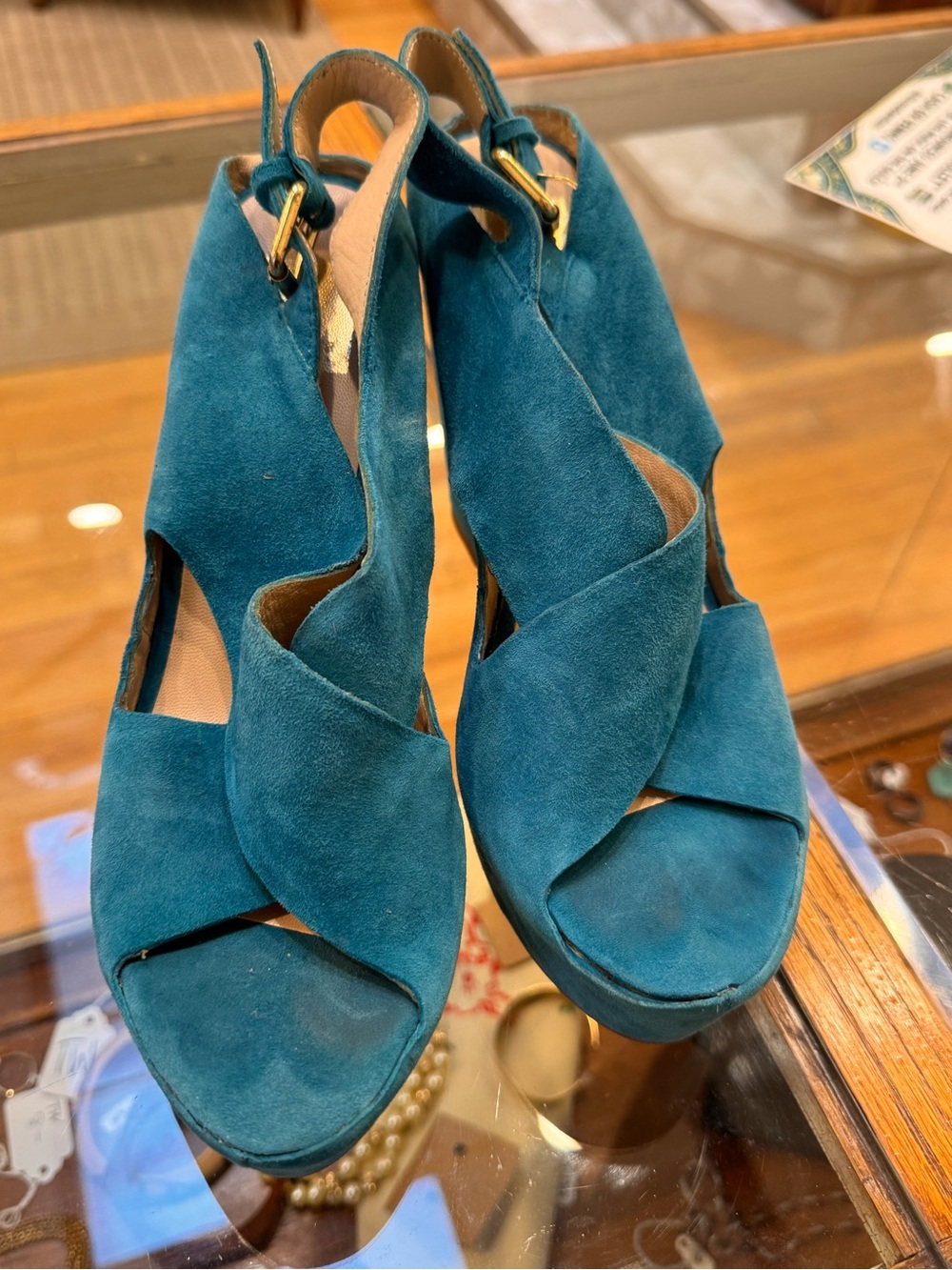 Dolce Vita Teal Suede Crisscross Wedge Sandals